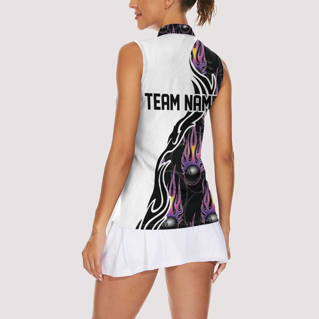 Personalized Bowling Flame Women Sleeveless Polo Shirt Black and White Split Pattern and Purple Fireball Graphics - Wonder Print Shop
