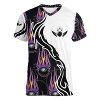 Personalized Bowling Flame Women V-Neck T-Shirt Black and White Split Pattern and Purple Fireball Graphics - Wonder Print Shop