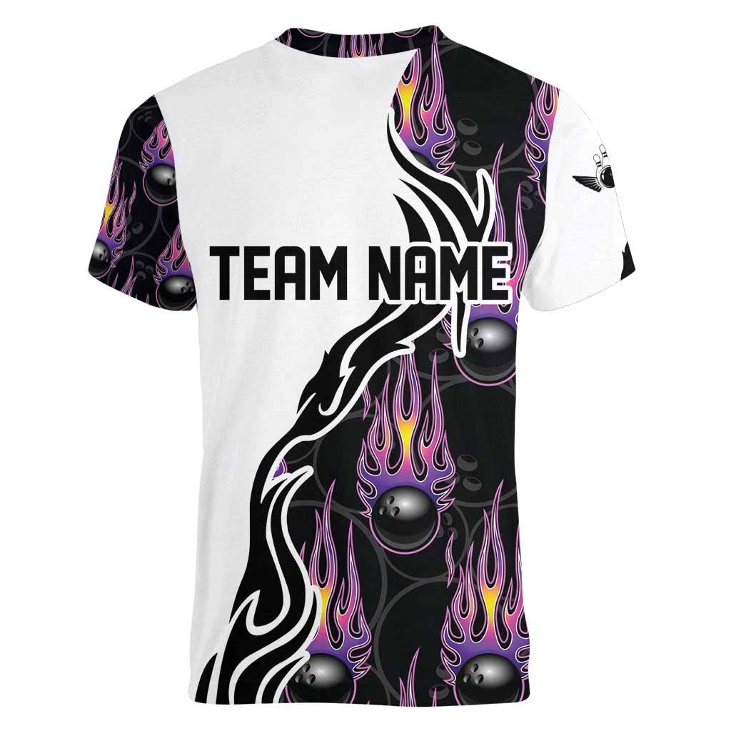 Personalized Bowling Flame Women V-Neck T-Shirt Black and White Split Pattern and Purple Fireball Graphics - Wonder Print Shop
