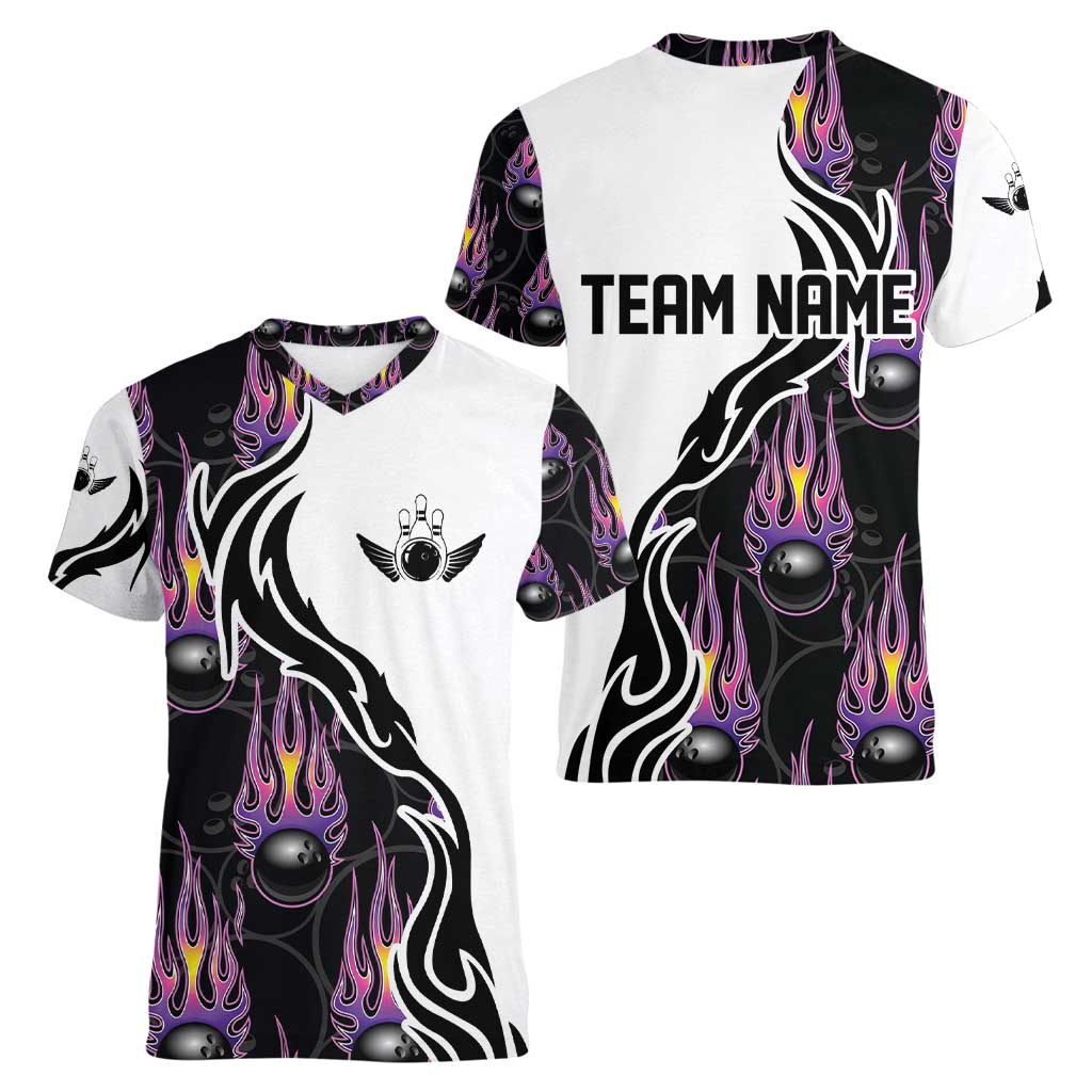 Personalized Bowling Flame Women V-Neck T-Shirt Black and White Split Pattern and Purple Fireball Graphics - Wonder Print Shop