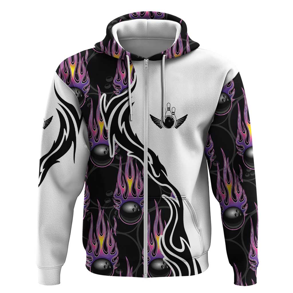 Personalized Bowling Flame Zip Hoodie Black and White Split Pattern and Purple Fireball Graphics - Wonder Print Shop