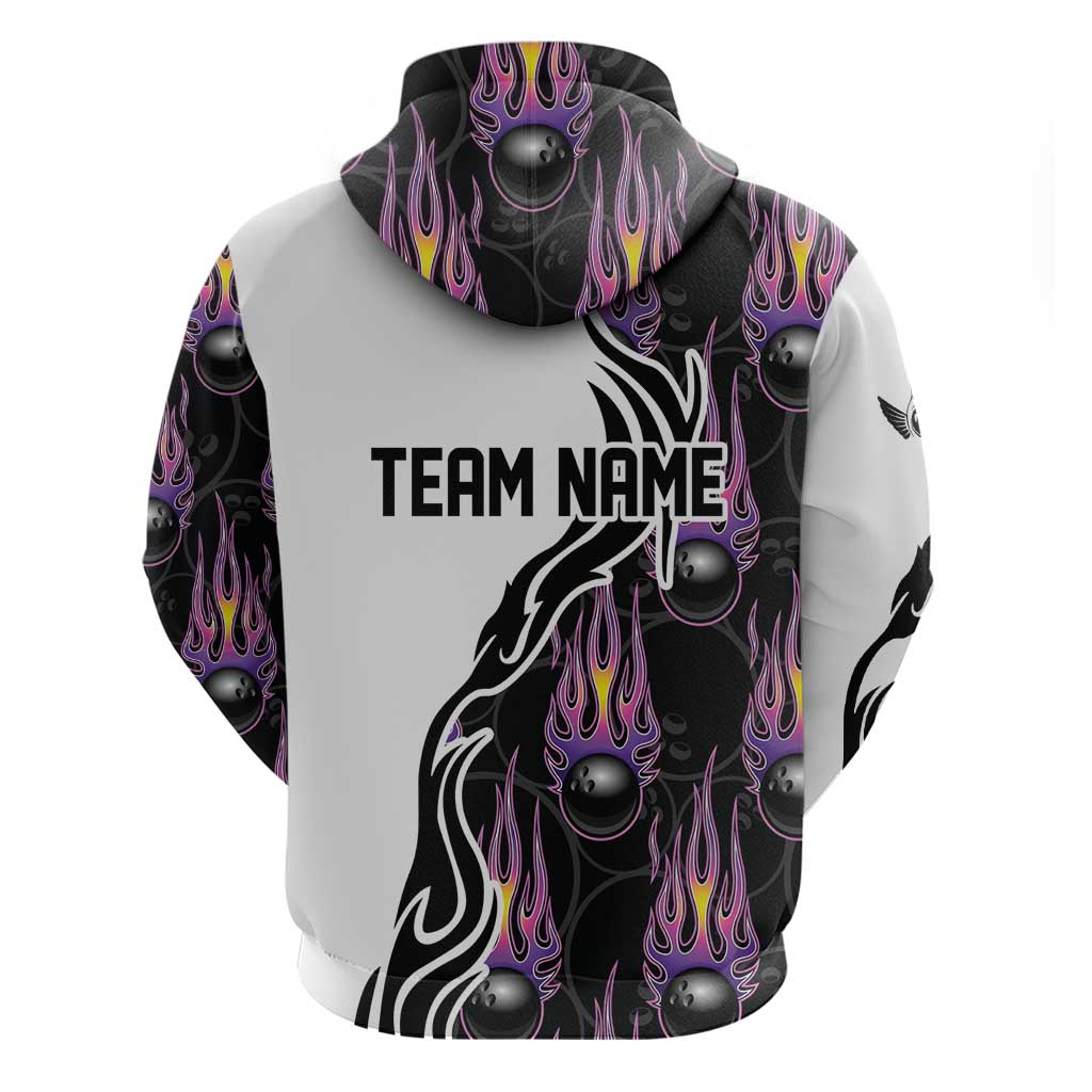 Personalized Bowling Flame Zip Hoodie Black and White Split Pattern and Purple Fireball Graphics - Wonder Print Shop