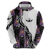Personalized Bowling Flame Zip Hoodie Black and White Split Pattern and Purple Fireball Graphics - Wonder Print Shop