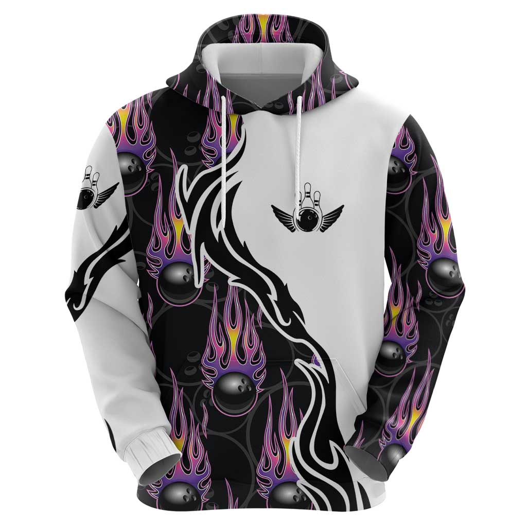 Personalized Bowling Flame Zip Hoodie Black and White Split Pattern and Purple Fireball Graphics - Wonder Print Shop