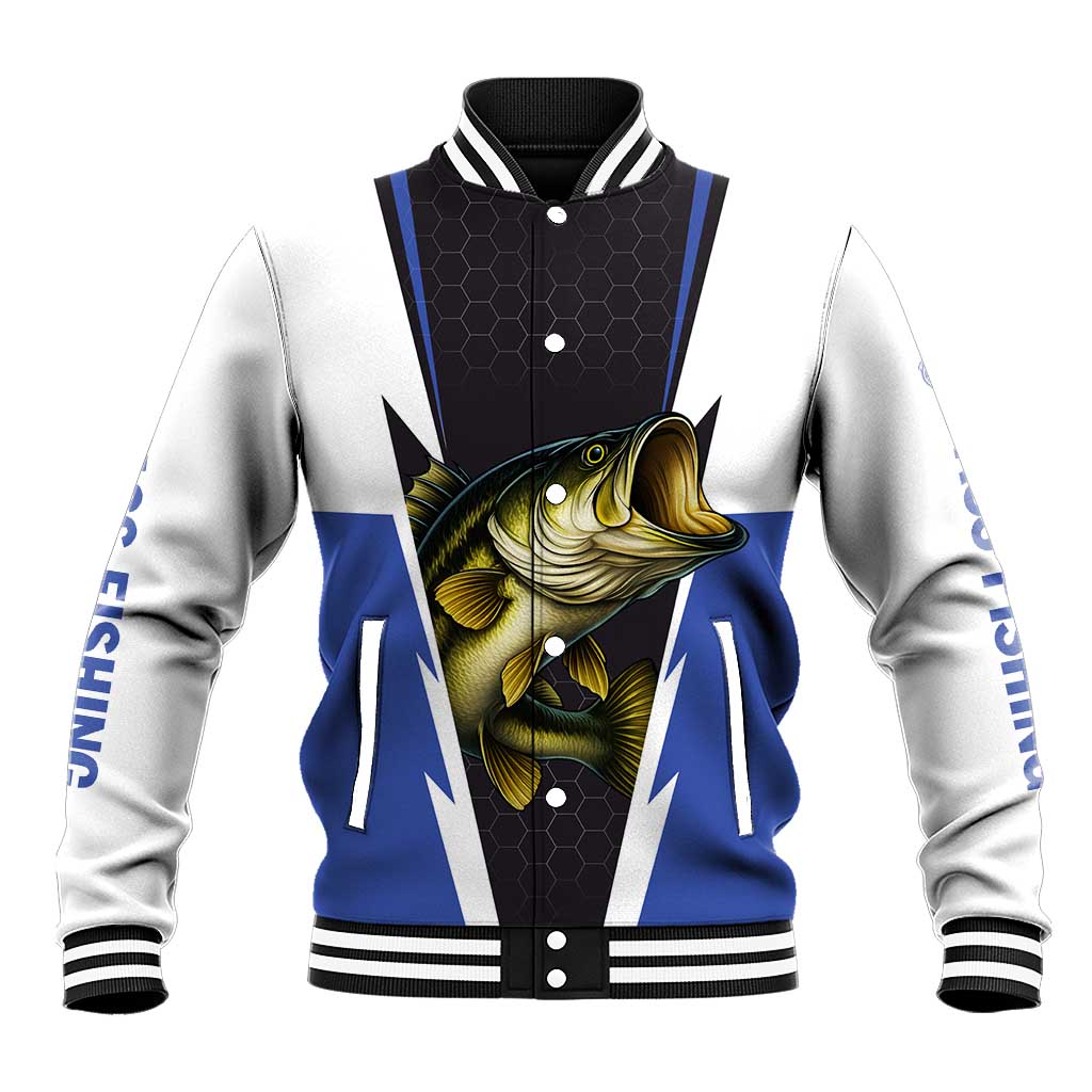 Personalized Bass Fishing Baseball Jacket Jumping Fish and Blue White Lightning Pattern Design - Wonder Print Shop