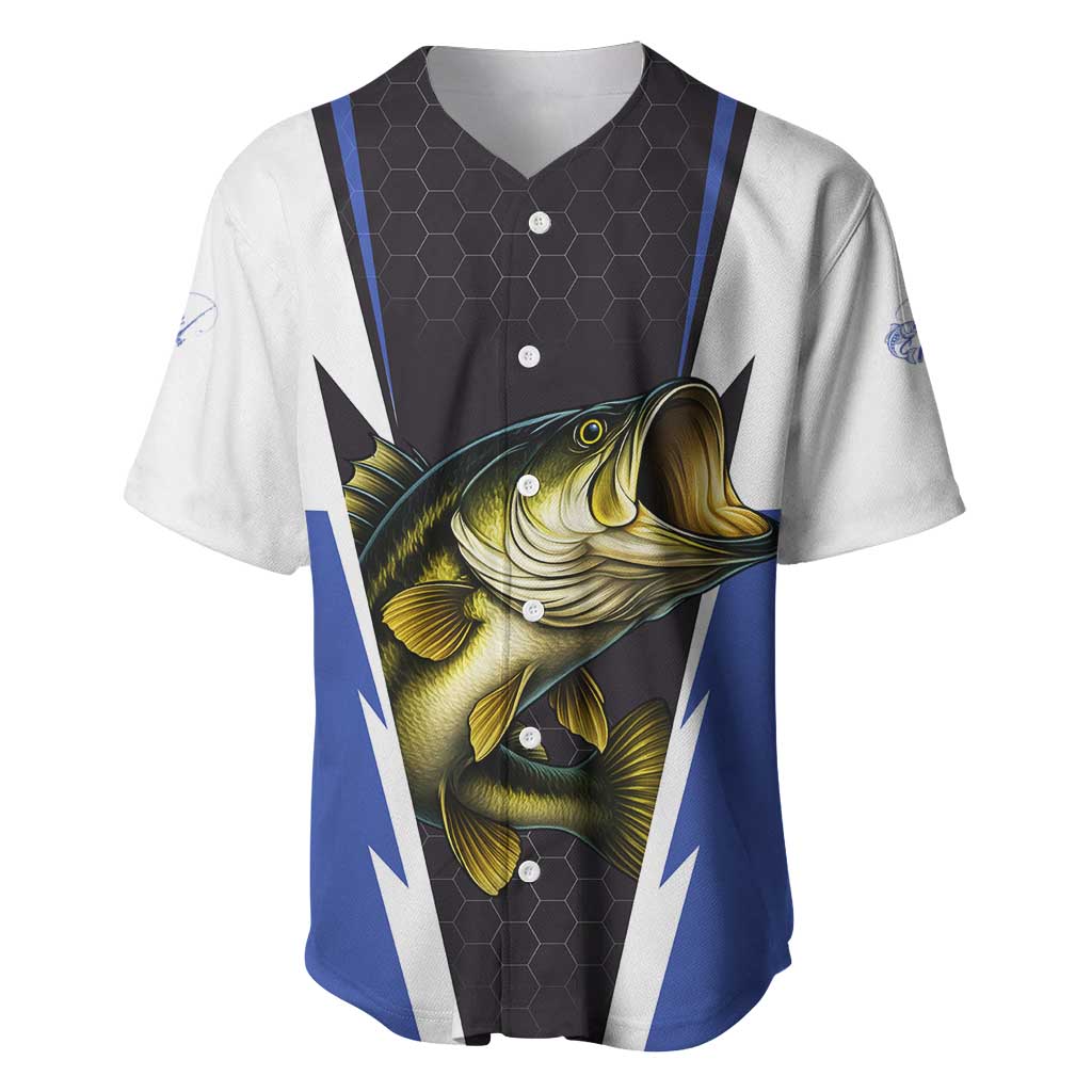 Personalized Bass Fishing Baseball Jersey Jumping Fish and Blue White Lightning Pattern Design - Wonder Print Shop