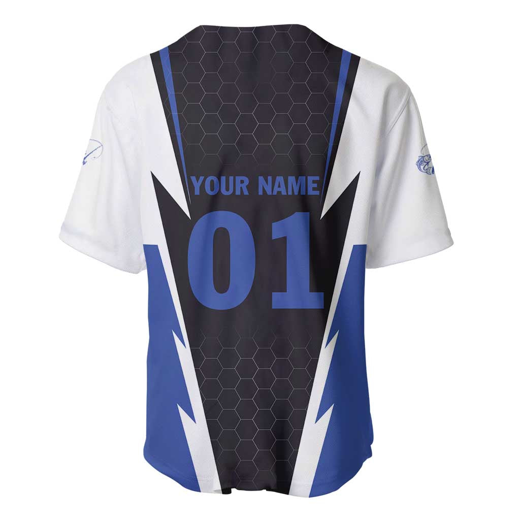 Personalized Bass Fishing Baseball Jersey Jumping Fish and Blue White Lightning Pattern Design - Wonder Print Shop