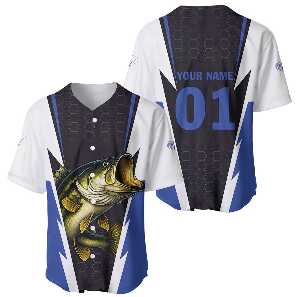 Personalized Bass Fishing Baseball Jersey Jumping Fish and Blue White Lightning Pattern Design - Wonder Print Shop