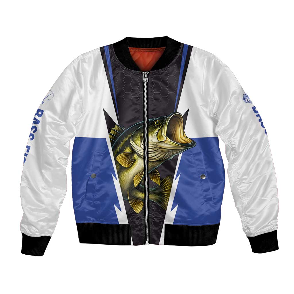 Personalized Bass Fishing Bomber Jacket Jumping Fish and Blue White Lightning Pattern Design - Wonder Print Shop