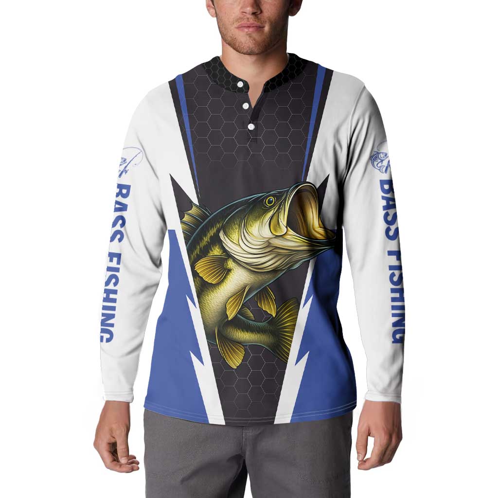 Personalized Bass Fishing Button Sweatshirt Jumping Fish and Blue White Lightning Pattern Design - Wonder Print Shop