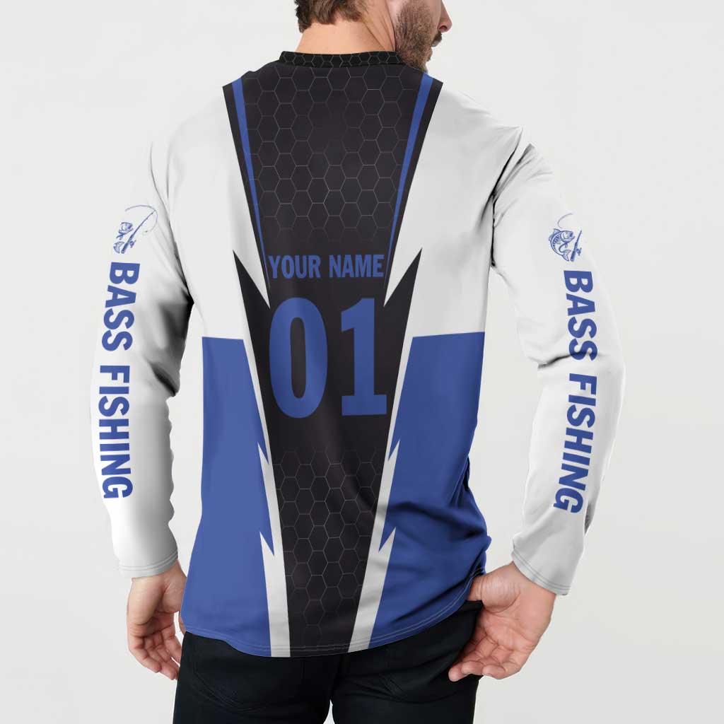 Personalized Bass Fishing Button Sweatshirt Jumping Fish and Blue White Lightning Pattern Design - Wonder Print Shop