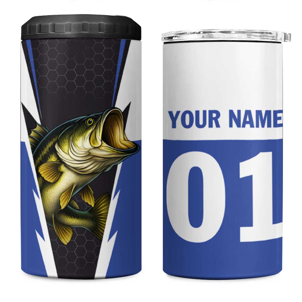 Personalized Bass Fishing 4 in 1 Can Cooler Tumbler Jumping Fish and Blue White Lightning Pattern Design - Wonder Print Shop