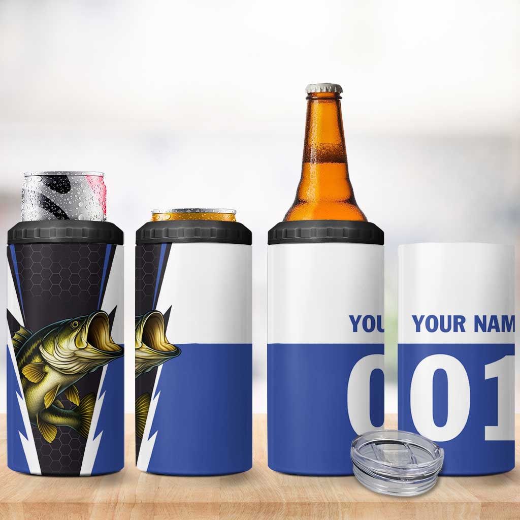Personalized Bass Fishing 4 in 1 Can Cooler Tumbler Jumping Fish and Blue White Lightning Pattern Design - Wonder Print Shop