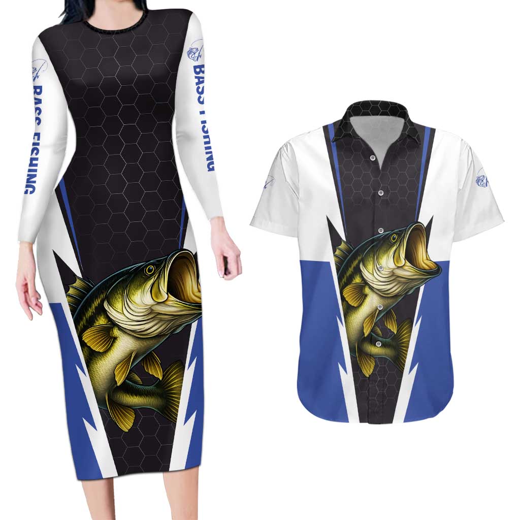 Personalized Bass Fishing Couples Matching Long Sleeve Bodycon Dress and Hawaiian Shirt Jumping Fish and Blue White Lightning Pattern Design - Wonder Print Shop