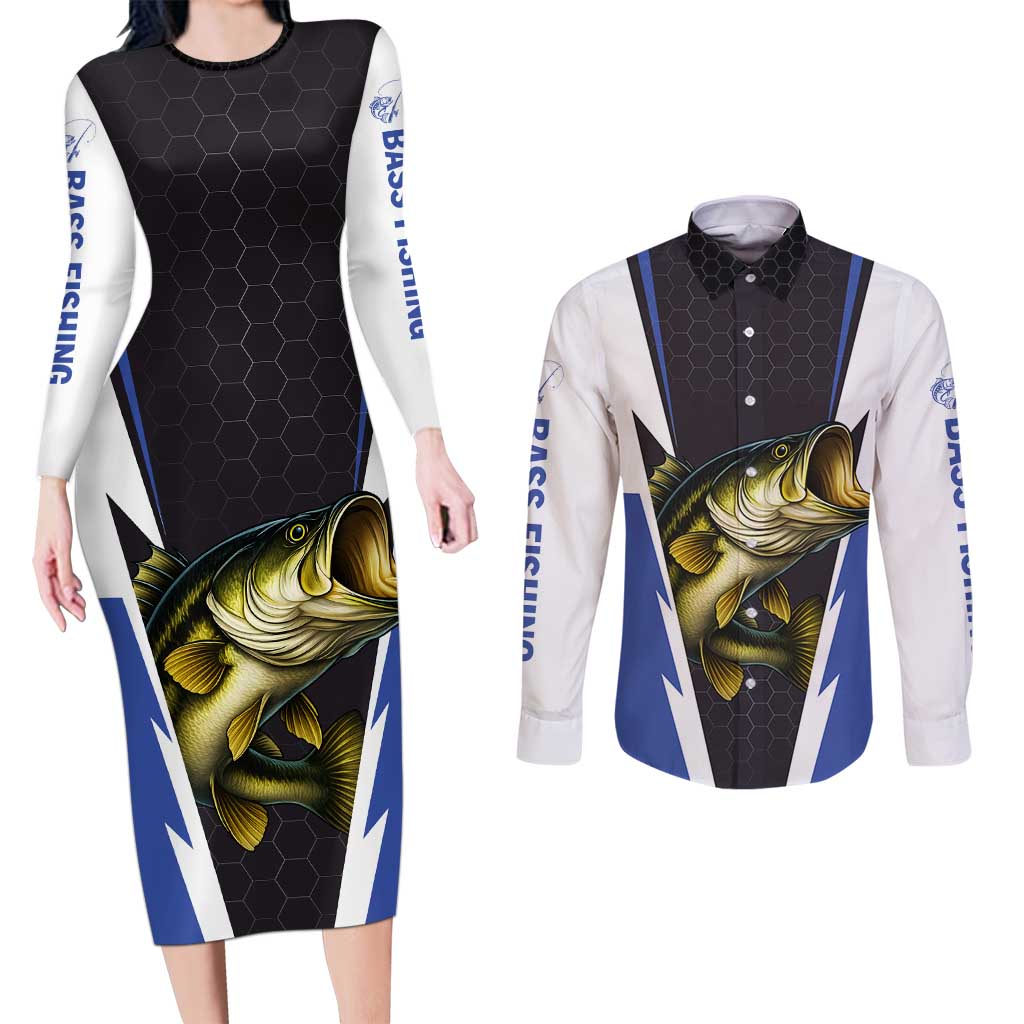 Personalized Bass Fishing Couples Matching Long Sleeve Bodycon Dress and Long Sleeve Button Shirt Jumping Fish and Blue White Lightning Pattern Design - Wonder Print Shop
