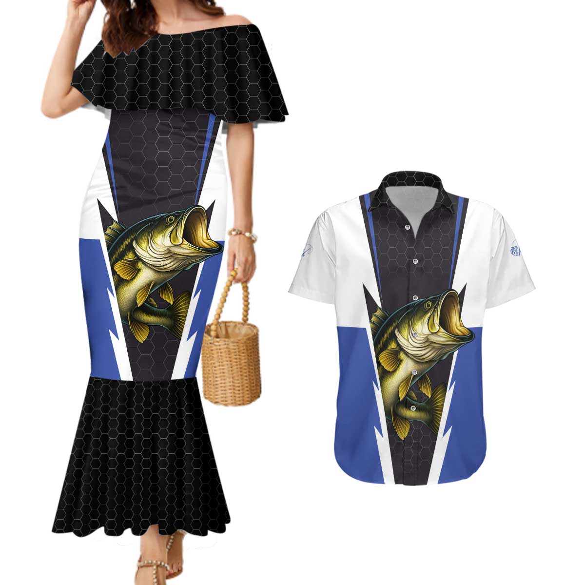 Personalized Bass Fishing Couples Matching Mermaid Dress and Hawaiian Shirt Jumping Fish and Blue White Lightning Pattern Design - Wonder Print Shop