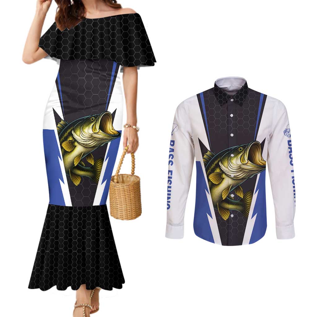 Personalized Bass Fishing Couples Matching Mermaid Dress and Long Sleeve Button Shirt Jumping Fish and Blue White Lightning Pattern Design - Wonder Print Shop