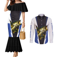 Personalized Bass Fishing Couples Matching Mermaid Dress and Long Sleeve Button Shirt Jumping Fish and Blue White Lightning Pattern Design - Wonder Print Shop