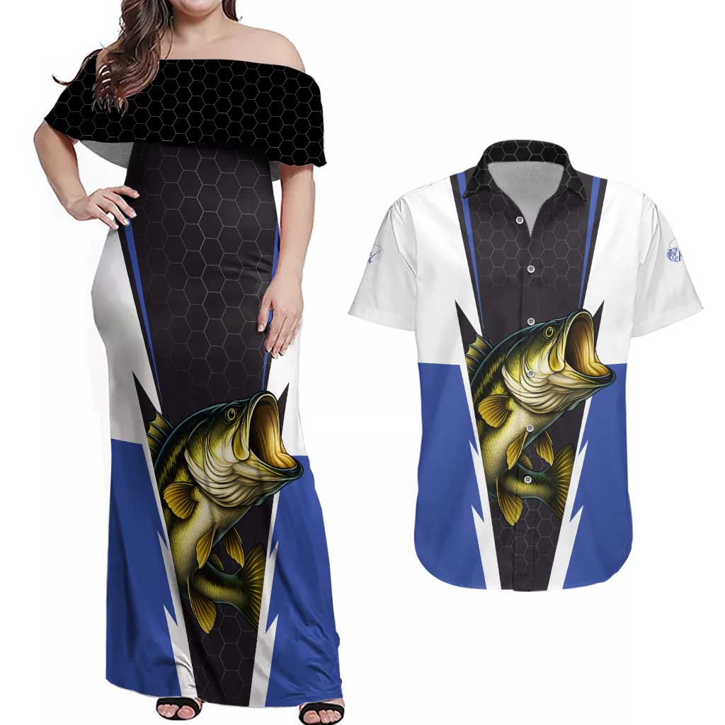 Personalized Bass Fishing Couples Matching Off Shoulder Maxi Dress and Hawaiian Shirt Jumping Fish and Blue White Lightning Pattern Design - Wonder Print Shop