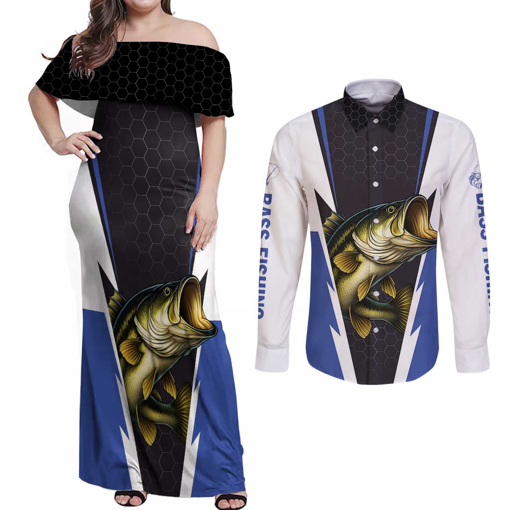 Personalized Bass Fishing Couples Matching Off Shoulder Maxi Dress and Long Sleeve Button Shirt Jumping Fish and Blue White Lightning Pattern Design - Wonder Print Shop