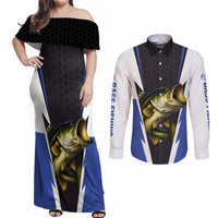 Personalized Bass Fishing Couples Matching Off Shoulder Maxi Dress and Long Sleeve Button Shirt Jumping Fish and Blue White Lightning Pattern Design - Wonder Print Shop