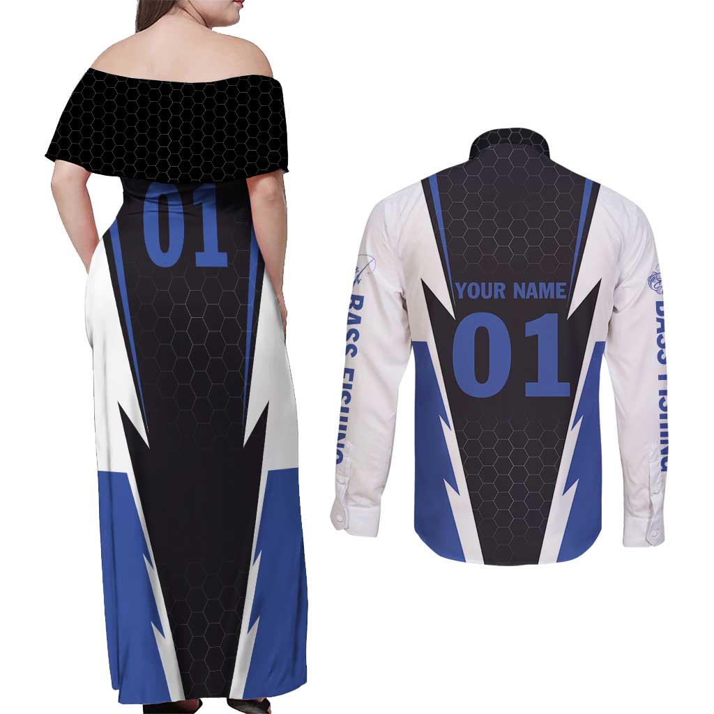 Personalized Bass Fishing Couples Matching Off Shoulder Maxi Dress and Long Sleeve Button Shirt Jumping Fish and Blue White Lightning Pattern Design - Wonder Print Shop