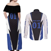 Personalized Bass Fishing Couples Matching Off Shoulder Maxi Dress and Long Sleeve Button Shirt Jumping Fish and Blue White Lightning Pattern Design - Wonder Print Shop