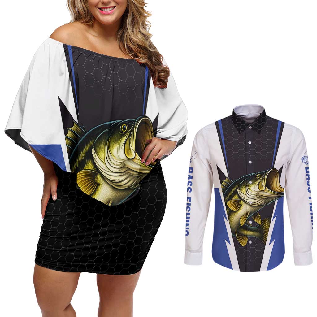Personalized Bass Fishing Couples Matching Off Shoulder Short Dress and Long Sleeve Button Shirt Jumping Fish and Blue White Lightning Pattern Design - Wonder Print Shop
