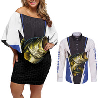Personalized Bass Fishing Couples Matching Off Shoulder Short Dress and Long Sleeve Button Shirt Jumping Fish and Blue White Lightning Pattern Design - Wonder Print Shop