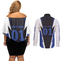 Personalized Bass Fishing Couples Matching Off Shoulder Short Dress and Long Sleeve Button Shirt Jumping Fish and Blue White Lightning Pattern Design - Wonder Print Shop