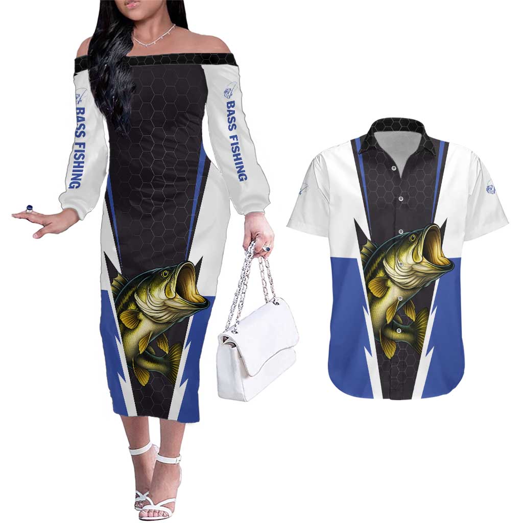 Personalized Bass Fishing Couples Matching Off The Shoulder Long Sleeve Dress and Hawaiian Shirt Jumping Fish and Blue White Lightning Pattern Design - Wonder Print Shop