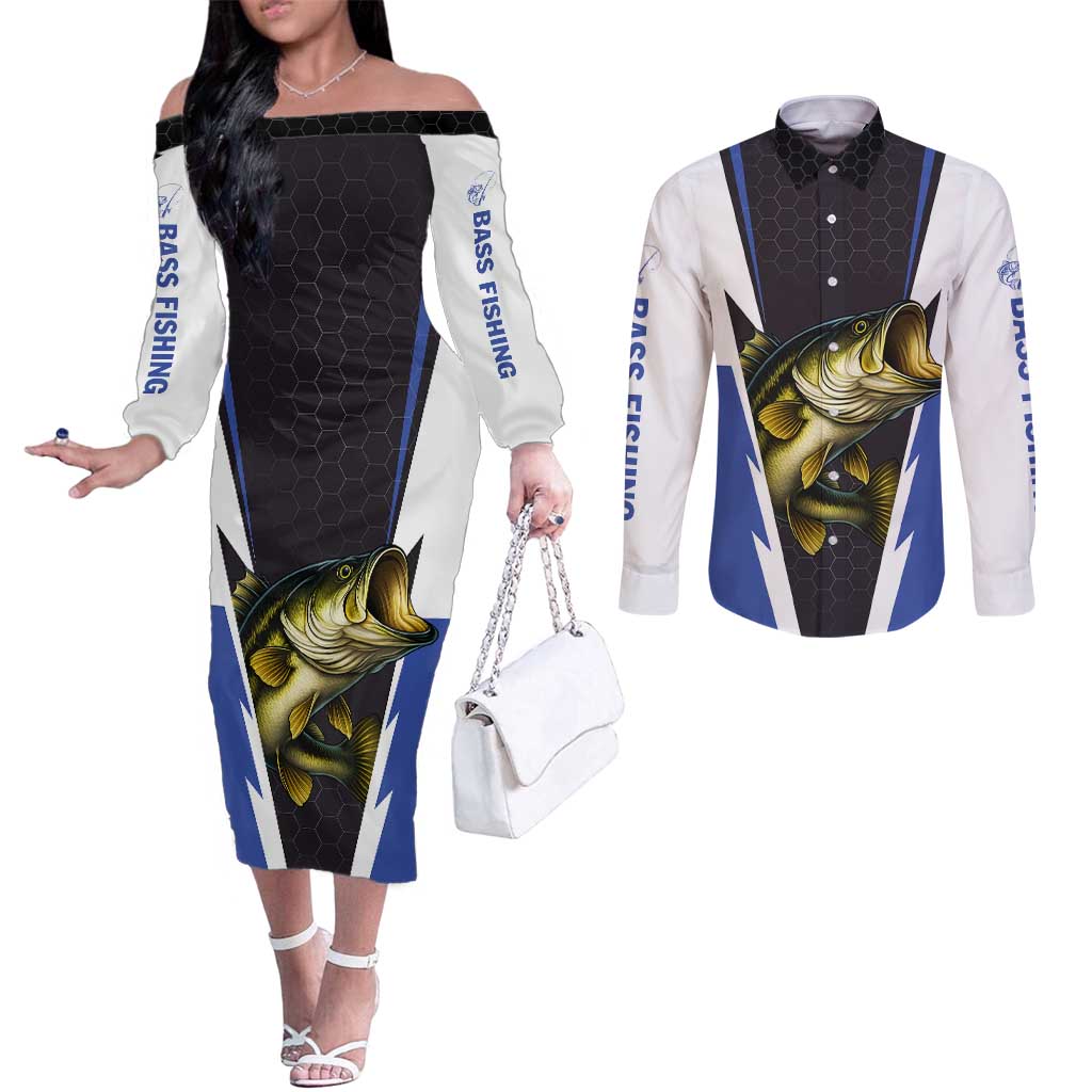 Personalized Bass Fishing Couples Matching Off The Shoulder Long Sleeve Dress and Long Sleeve Button Shirt Jumping Fish and Blue White Lightning Pattern Design - Wonder Print Shop