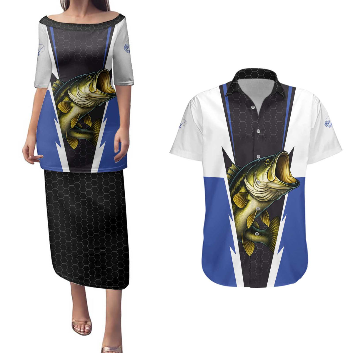 Personalized Bass Fishing Couples Matching Puletasi and Hawaiian Shirt Jumping Fish and Blue White Lightning Pattern Design - Wonder Print Shop