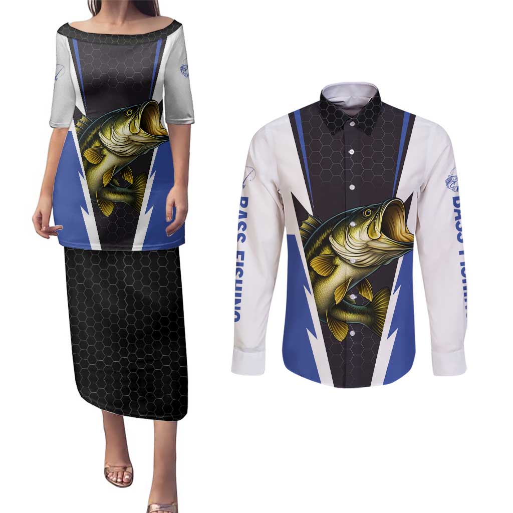 Personalized Bass Fishing Couples Matching Puletasi and Long Sleeve Button Shirt Jumping Fish and Blue White Lightning Pattern Design - Wonder Print Shop