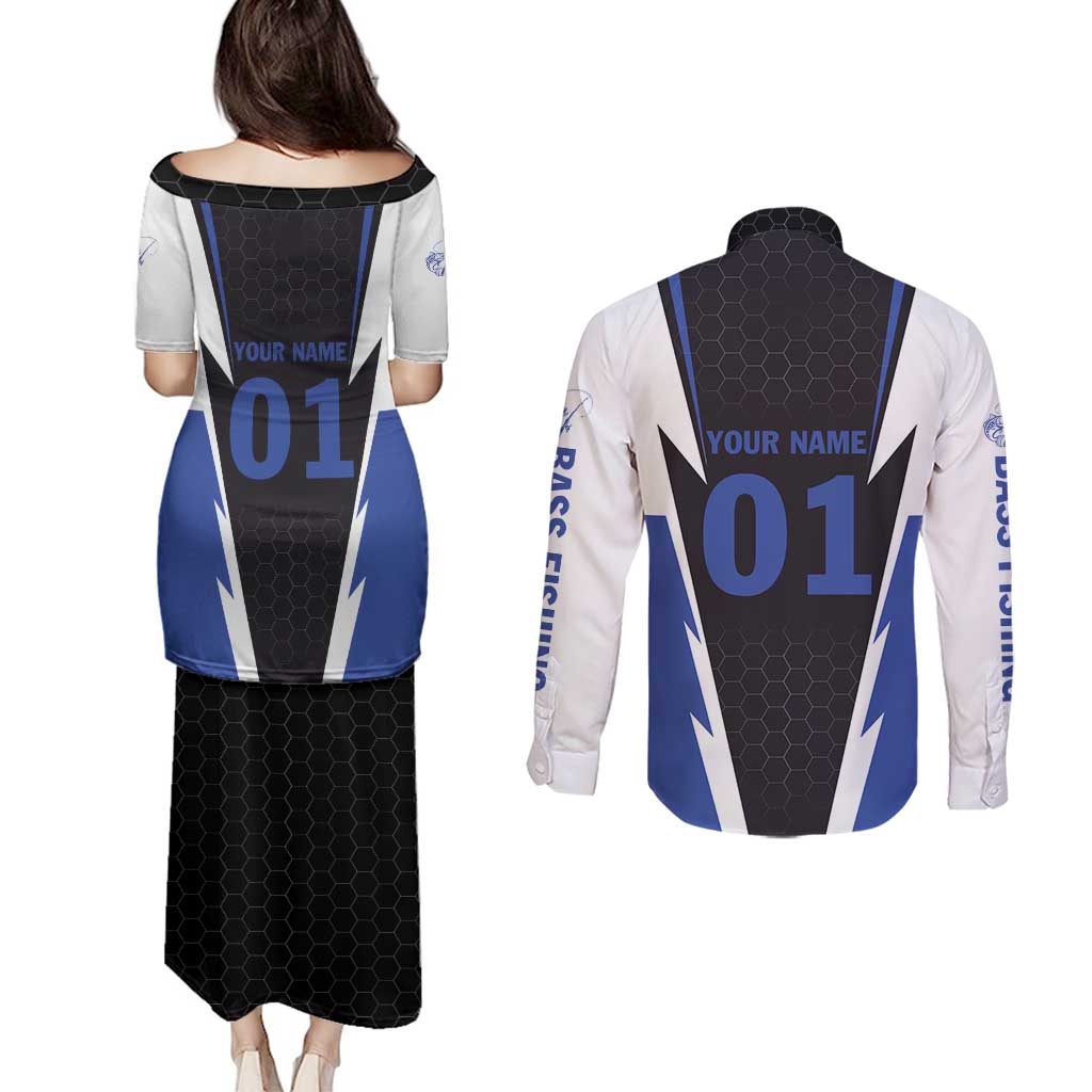 Personalized Bass Fishing Couples Matching Puletasi and Long Sleeve Button Shirt Jumping Fish and Blue White Lightning Pattern Design - Wonder Print Shop