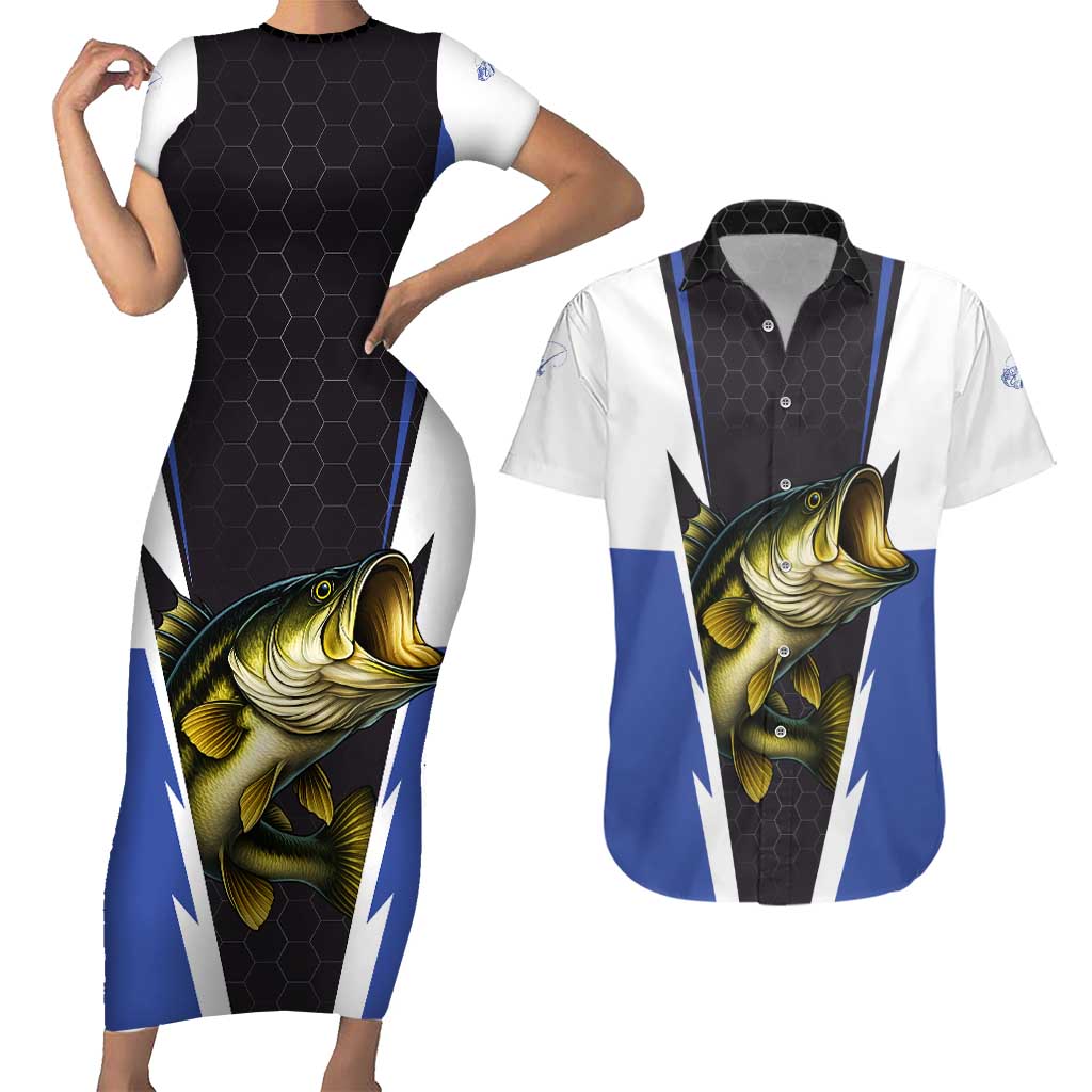 Personalized Bass Fishing Couples Matching Short Sleeve Bodycon Dress and Hawaiian Shirt Jumping Fish and Blue White Lightning Pattern Design - Wonder Print Shop