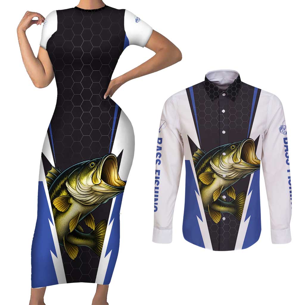Personalized Bass Fishing Couples Matching Short Sleeve Bodycon Dress and Long Sleeve Button Shirt Jumping Fish and Blue White Lightning Pattern Design - Wonder Print Shop
