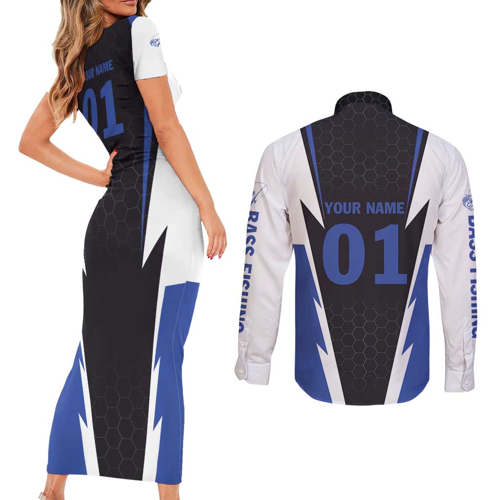 Personalized Bass Fishing Couples Matching Short Sleeve Bodycon Dress and Long Sleeve Button Shirt Jumping Fish and Blue White Lightning Pattern Design - Wonder Print Shop