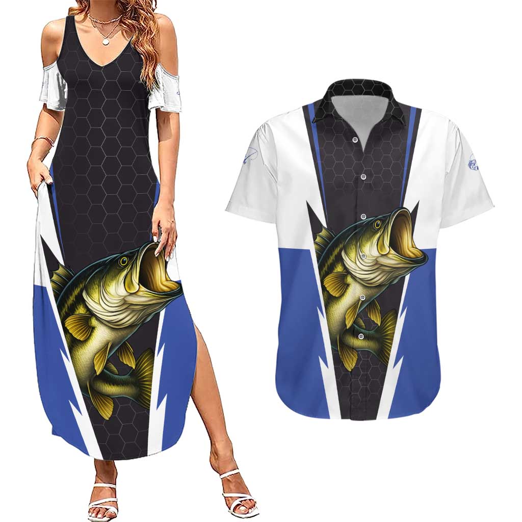 Personalized Bass Fishing Couples Matching Summer Maxi Dress and Hawaiian Shirt Jumping Fish and Blue White Lightning Pattern Design - Wonder Print Shop