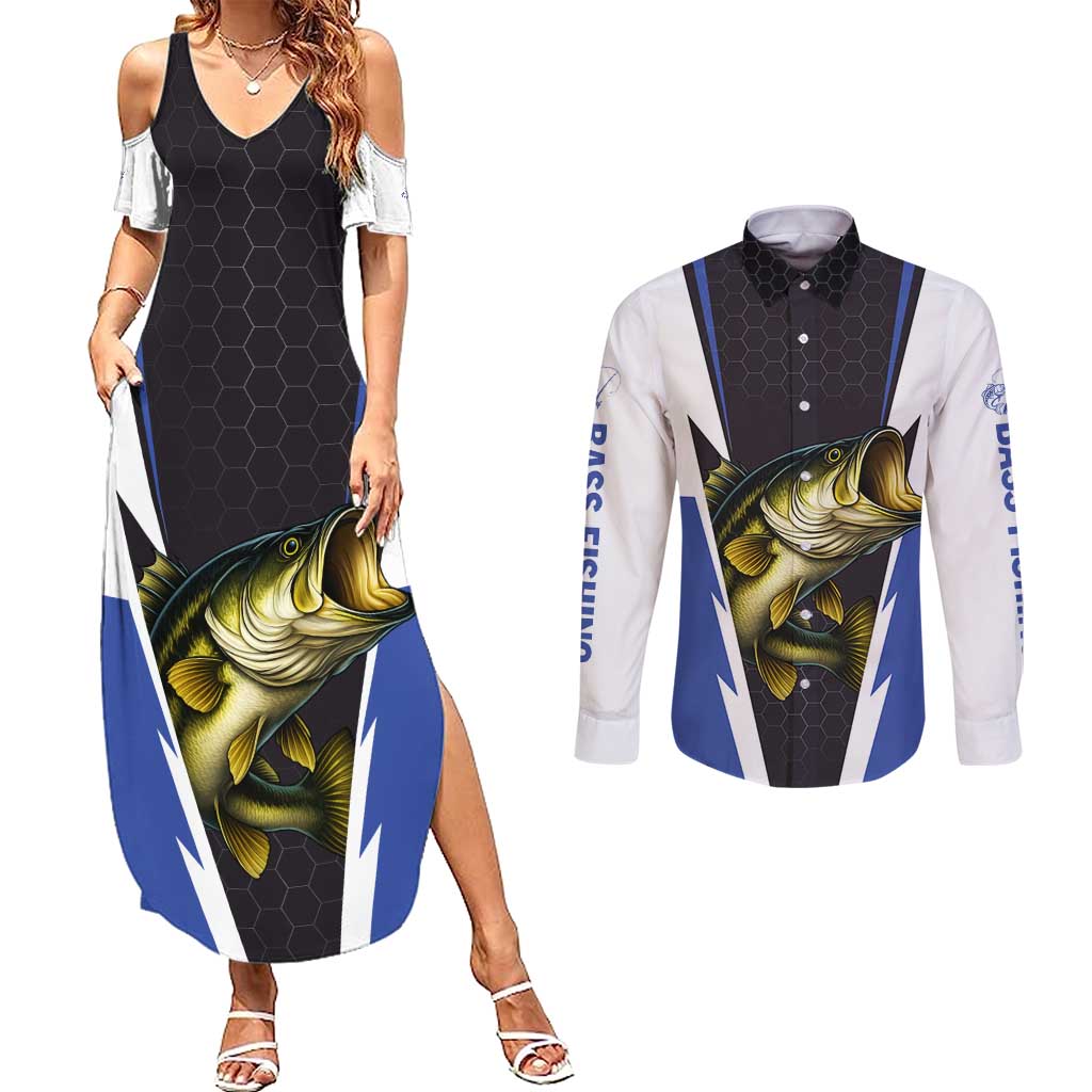 Personalized Bass Fishing Couples Matching Summer Maxi Dress and Long Sleeve Button Shirt Jumping Fish and Blue White Lightning Pattern Design - Wonder Print Shop