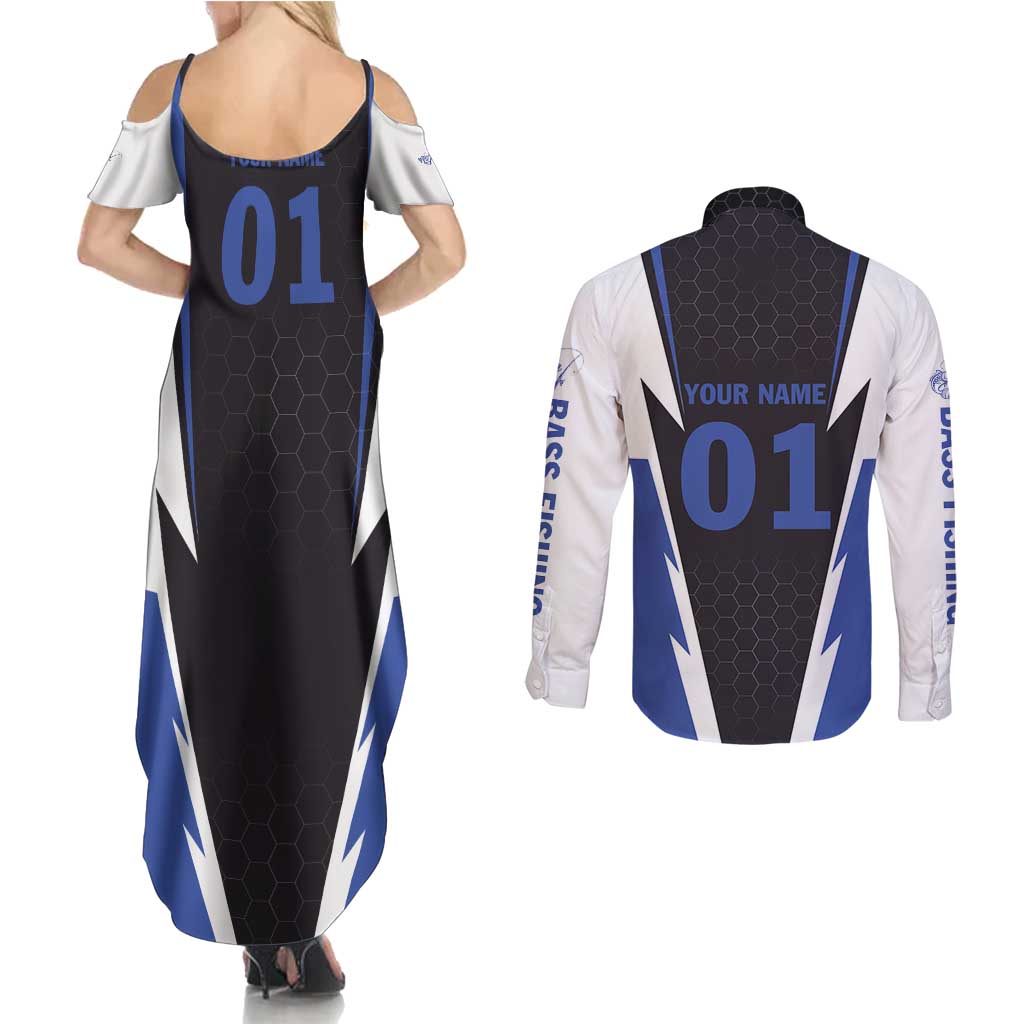 Personalized Bass Fishing Couples Matching Summer Maxi Dress and Long Sleeve Button Shirt Jumping Fish and Blue White Lightning Pattern Design - Wonder Print Shop