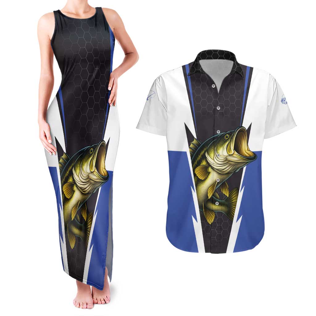 Personalized Bass Fishing Couples Matching Tank Maxi Dress and Hawaiian Shirt Jumping Fish and Blue White Lightning Pattern Design - Wonder Print Shop