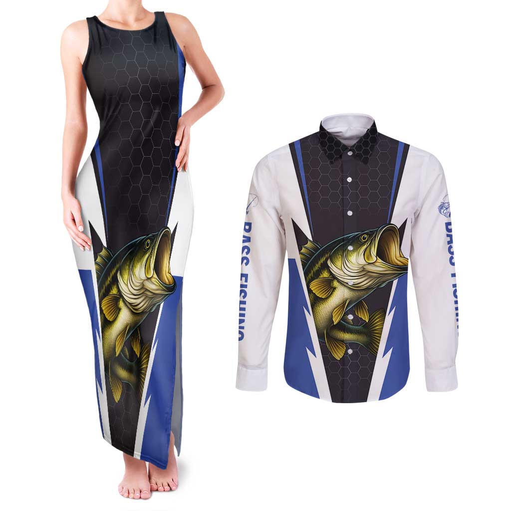 Personalized Bass Fishing Couples Matching Tank Maxi Dress and Long Sleeve Button Shirt Jumping Fish and Blue White Lightning Pattern Design - Wonder Print Shop
