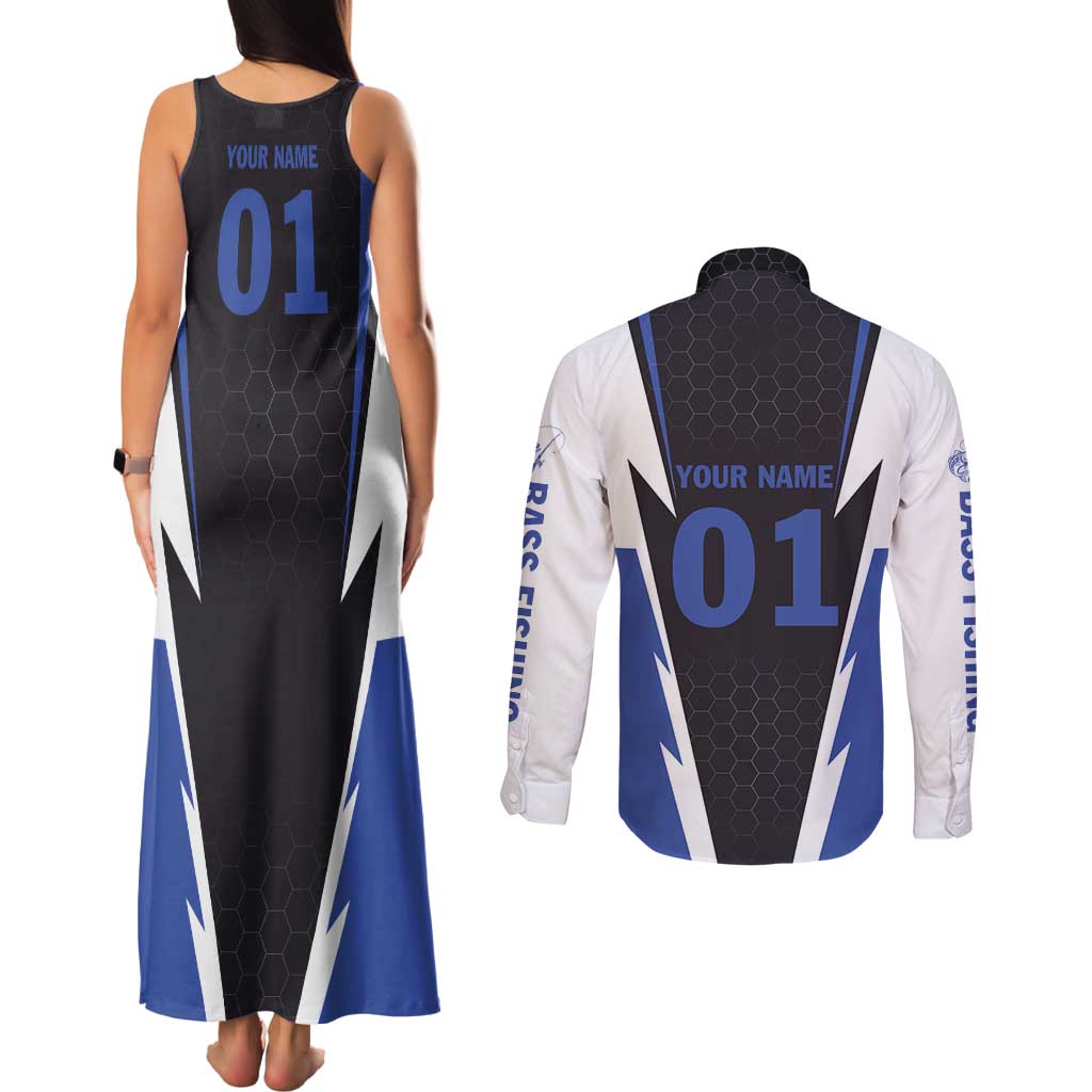 Personalized Bass Fishing Couples Matching Tank Maxi Dress and Long Sleeve Button Shirt Jumping Fish and Blue White Lightning Pattern Design - Wonder Print Shop