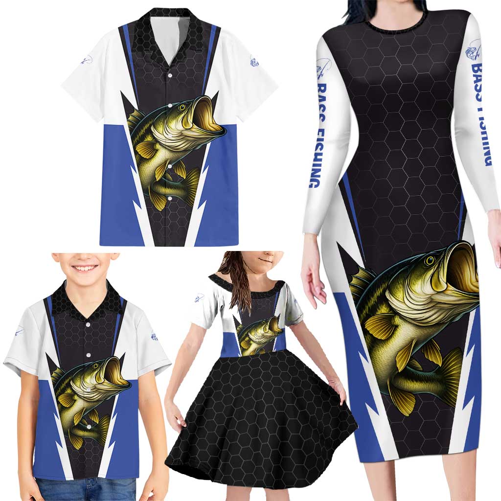 Personalized Bass Fishing Family Matching Long Sleeve Bodycon Dress and Hawaiian Shirt Jumping Fish and Blue White Lightning Pattern Design - Wonder Print Shop