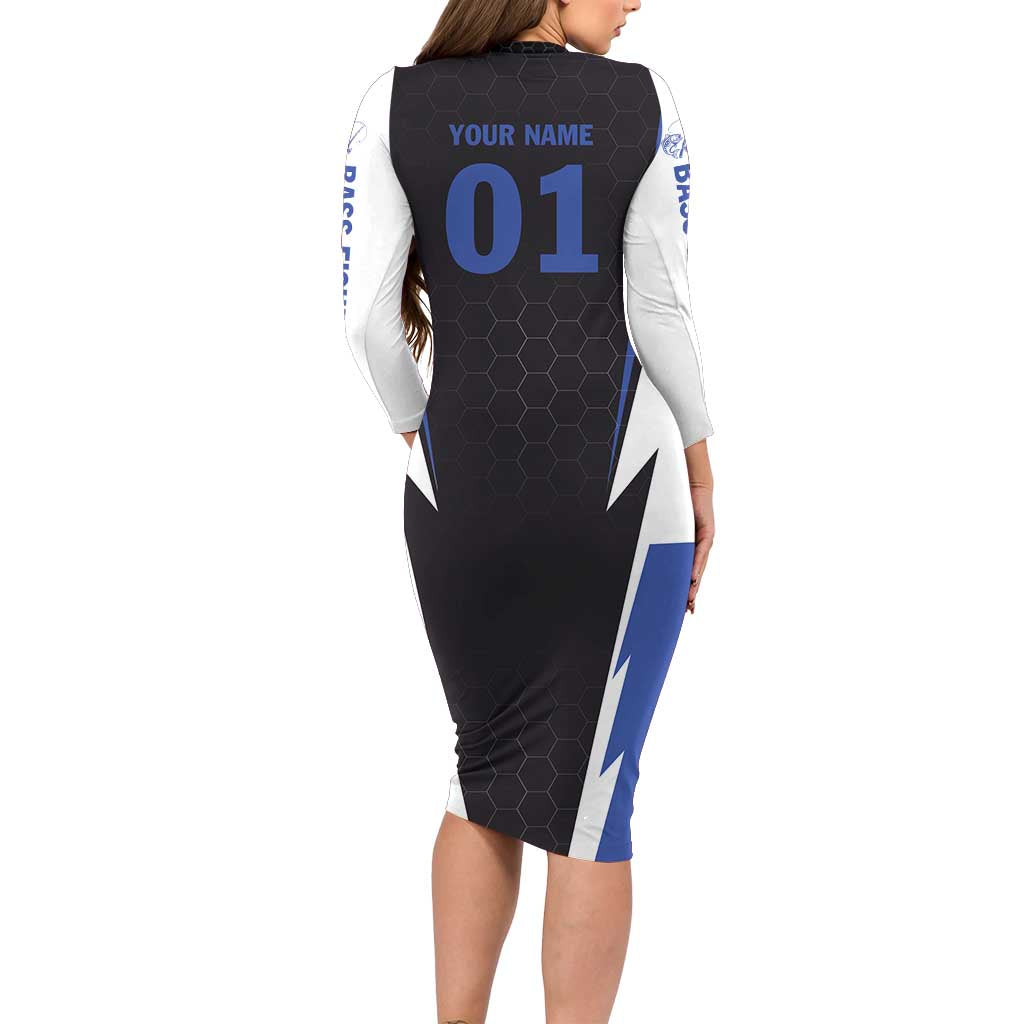 Personalized Bass Fishing Family Matching Long Sleeve Bodycon Dress and Hawaiian Shirt Jumping Fish and Blue White Lightning Pattern Design - Wonder Print Shop