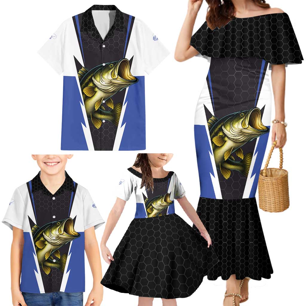 Personalized Bass Fishing Family Matching Mermaid Dress and Hawaiian Shirt Jumping Fish and Blue White Lightning Pattern Design - Wonder Print Shop