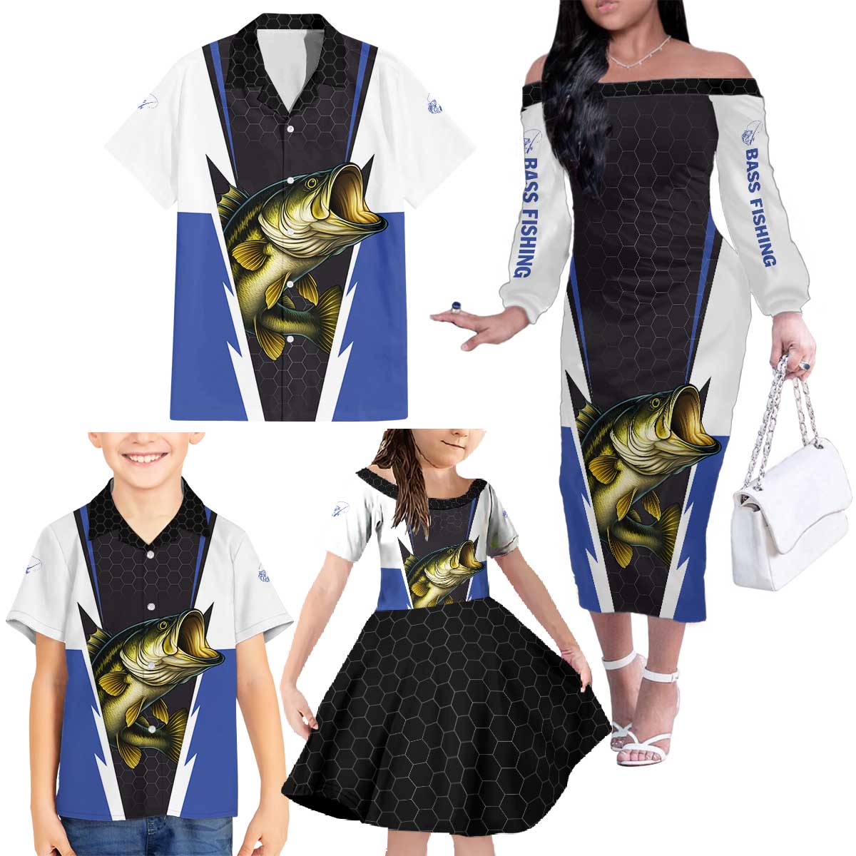 Personalized Bass Fishing Family Matching Off The Shoulder Long Sleeve Dress and Hawaiian Shirt Jumping Fish and Blue White Lightning Pattern Design - Wonder Print Shop