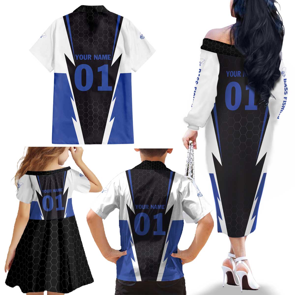 Personalized Bass Fishing Family Matching Off The Shoulder Long Sleeve Dress and Hawaiian Shirt Jumping Fish and Blue White Lightning Pattern Design - Wonder Print Shop