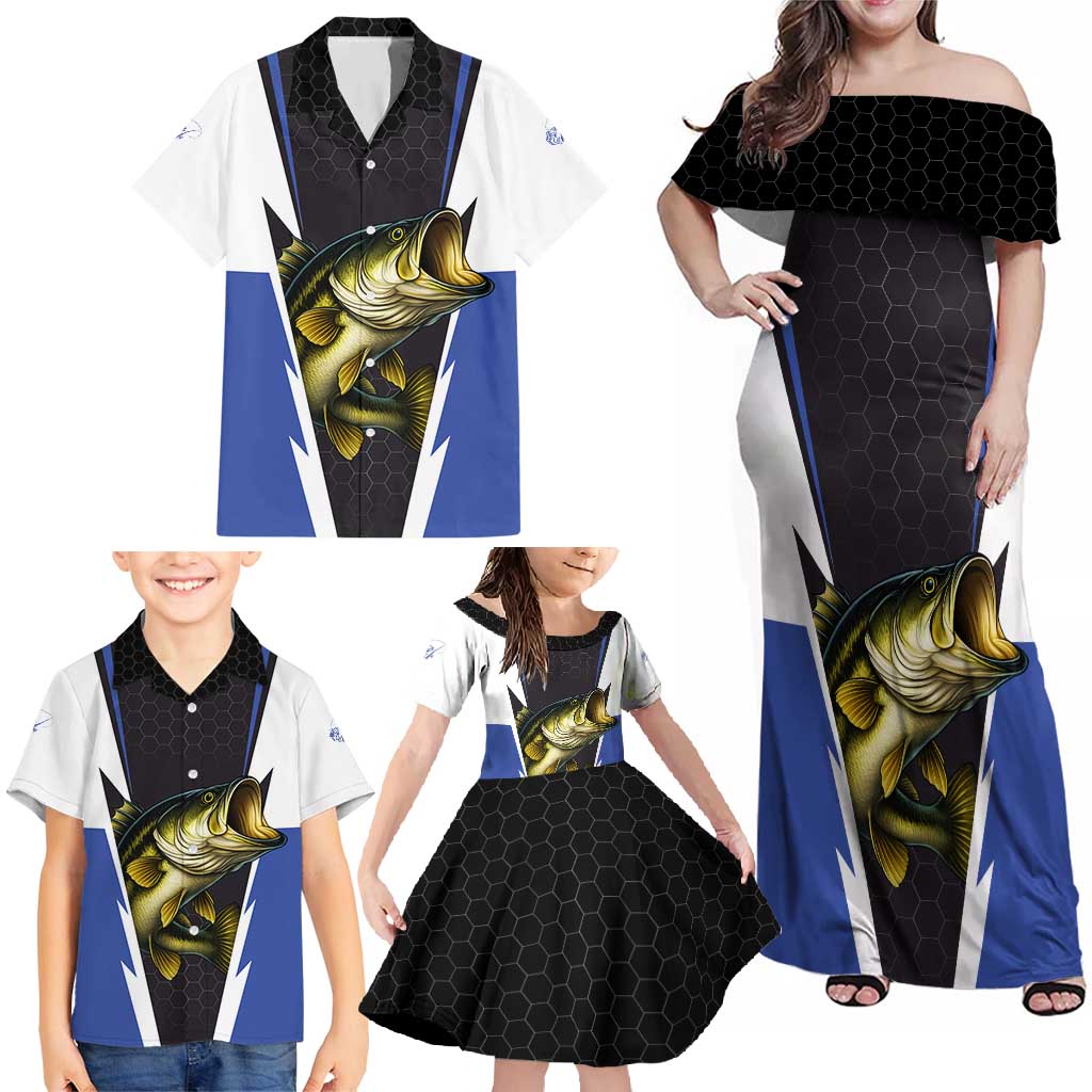 Personalized Bass Fishing Family Matching Off Shoulder Maxi Dress and Hawaiian Shirt Jumping Fish and Blue White Lightning Pattern Design - Wonder Print Shop